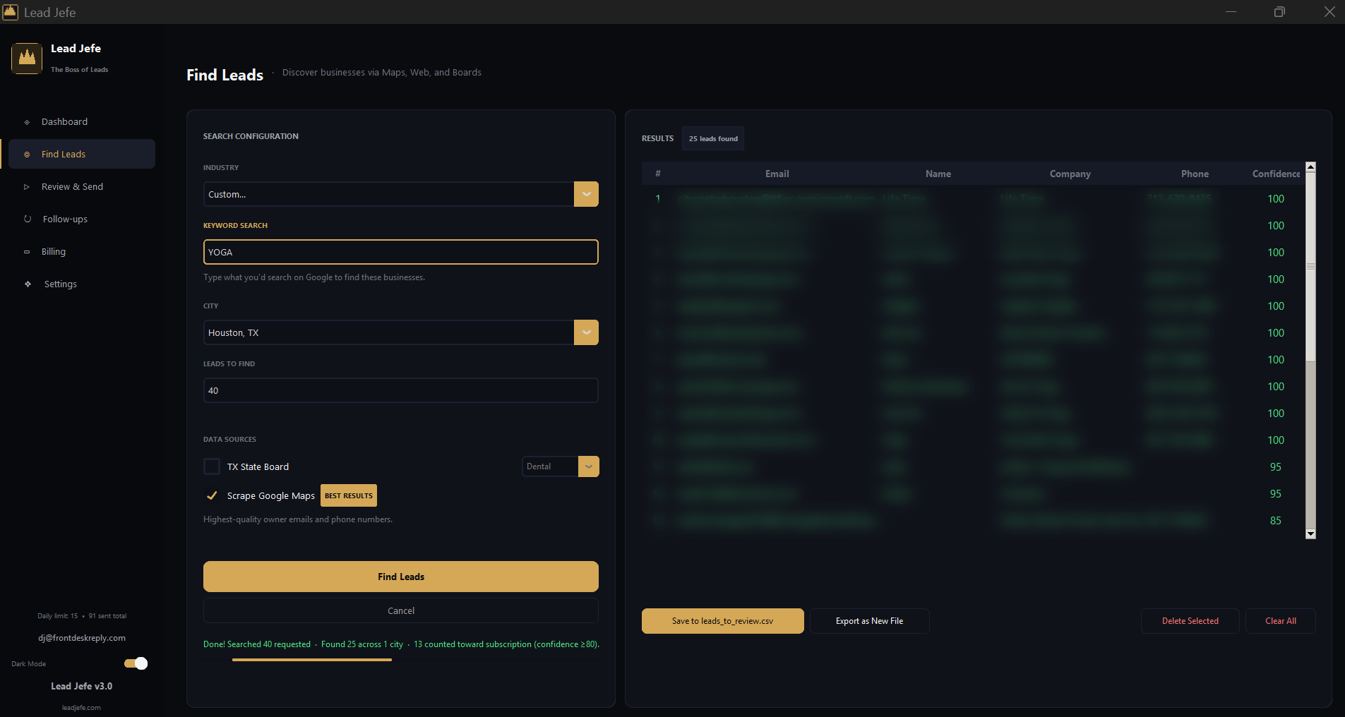 Lead Jefe leads found results — 25 leads with confidence scores